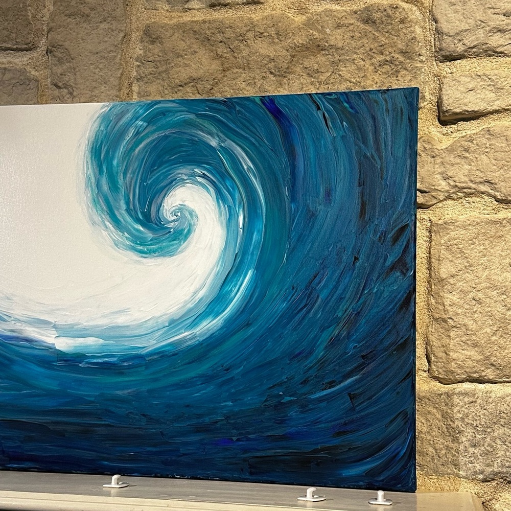 18x24 Hand painted acrylic art painting ocean beach wave in shades of blue - Picture 5 of 8